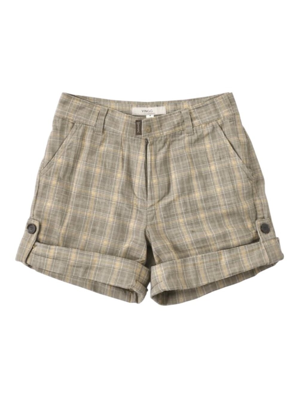 Vince Shorts Women 0 Tan Yellow Plaid Cuffed Pleated Utility Preppy Outdoor